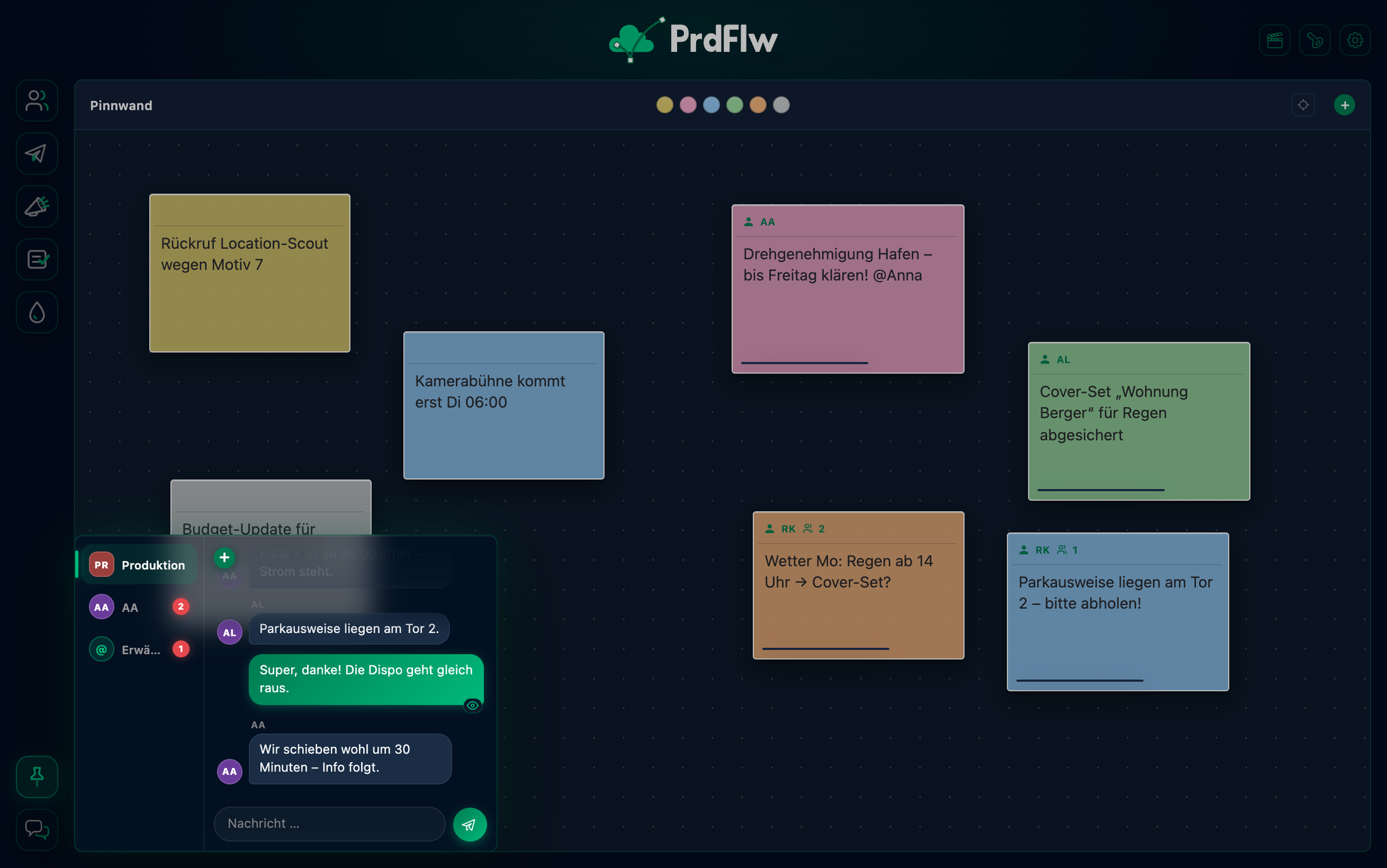 Pinnwand mit privaten und geteilten Notizen und dem Team-Chat